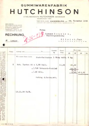 Gummiwarenfabrik Hutchinson Rechnung 1933-1936