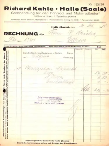 Richard Kahle Halle / Saale Rechnung 1928-1930