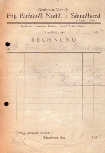 Fritz Kirchhoff Nachfahren Schnathorst / Löhne Rechung 1930