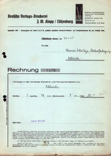 Deutsche Verlags-Druckerei J. M. Klopp Lütjenburg Rechnung 1935