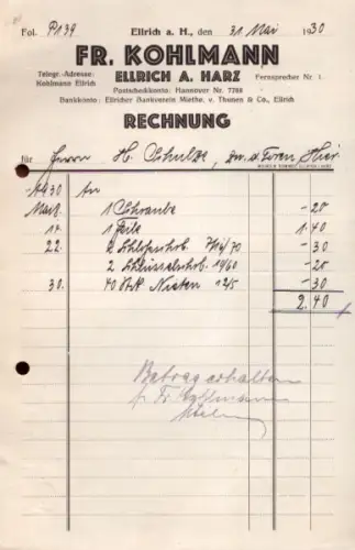 Fr. Kohlmann Eisenwaren Ellrich Rechnung 1929 / 1930