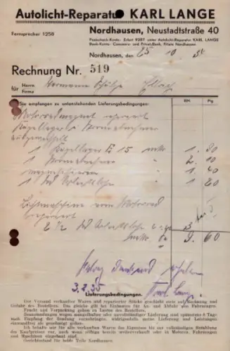 Karl Lange Autolicht-Reparatur Nordhausen Rechnung 1935-1938