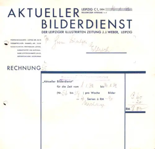Leipziger Illustrierte Zeitung J. J. Weber Rechnung 1932