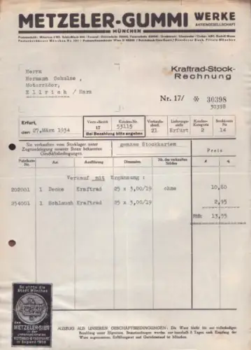 Metzeler Gummi Werke München Rechnung 1934 / 1936