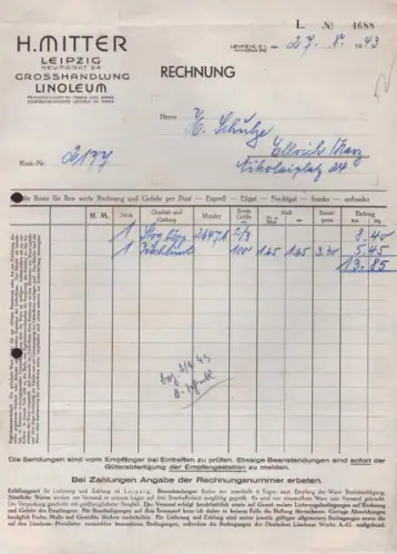 H. Mitter Großhandel Linoleum Leipzig Rechnung 1943