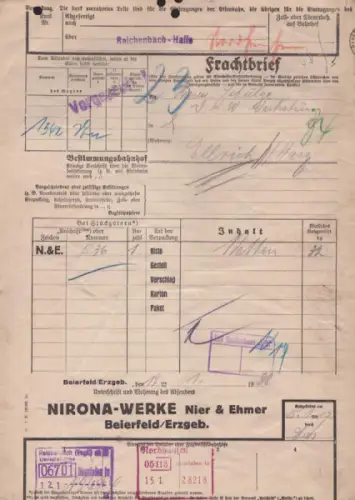 Nirona Werke Beierfeld / Erzgeb. Frachtbrief 1938