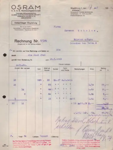 Osram Verkaufslager Magdeburg Rechnung 1928