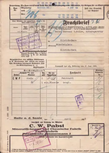 C. W. Pabst Halle / Saale Frachtbrief 1938