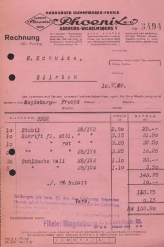 Harburger Gummiwaren-Fabrik Phoenix Rechnung 1929 / 1930