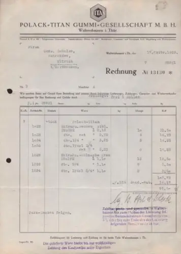 Polack-Titan Gummi GmbH Waltershausen / Thür. Rechnung 1929