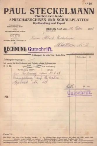 Paul Steckelmann Berlin Rechnung 1928