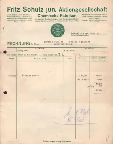 Fritz Schulz jun. AG Leipzig Rechnung 1930