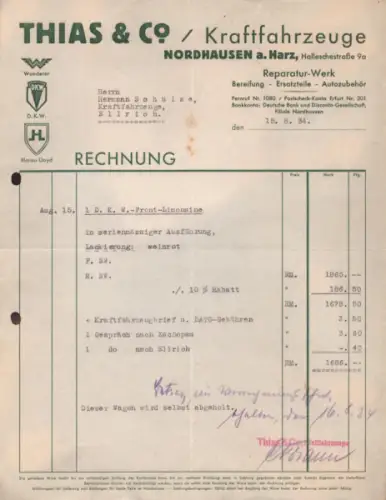 Thias & Co. Kraftfahrzeuge Nordhausen Rechnung 8.1934