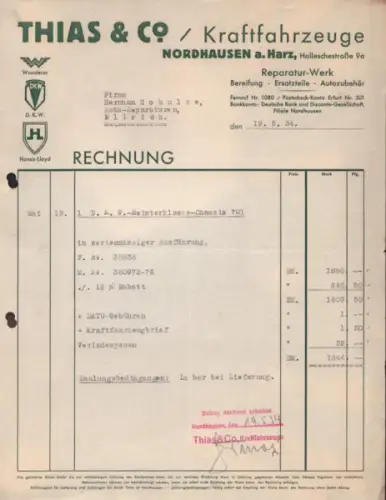 Thias & Co. Kraftfahrzeuge Nordhausen Rechnung 5.1934