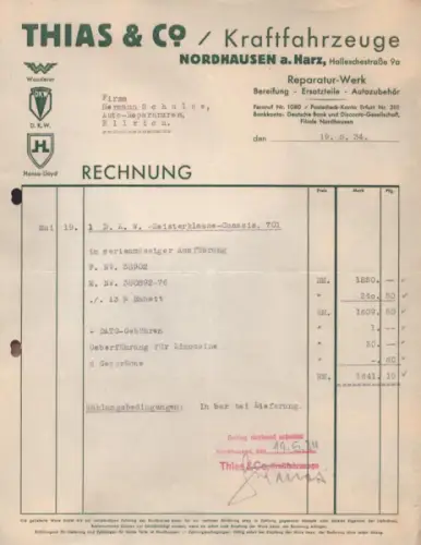 Thias & Co. Kraftfahrzeuge Nordhausen Rechnung 5.1934