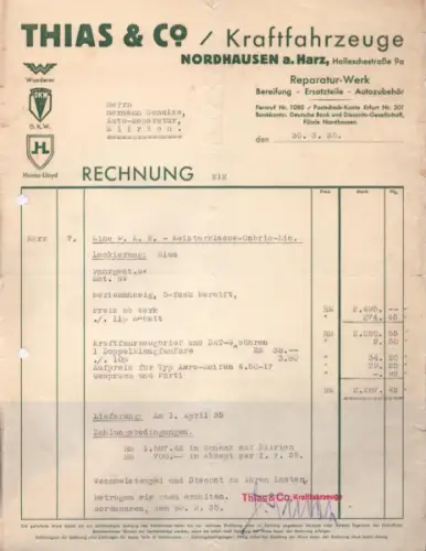 Thias & Co. Kraftfahrzeuge Nordhausen Rechnung 3.1935
