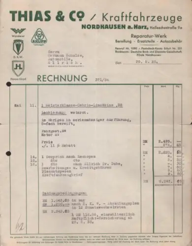 Thias & Co. Kraftfahrzeuge Nordhausen Rechnung 5.1935