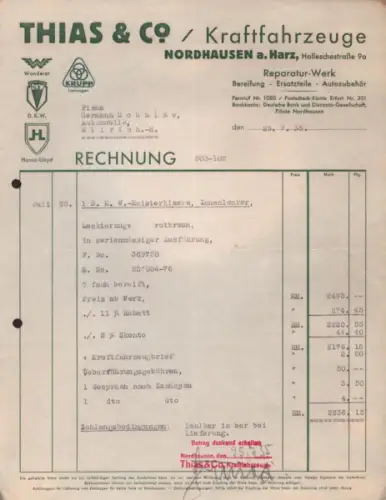 Thias & Co. Kraftfahrzeuge Nordhausen Rechnung 7.1935