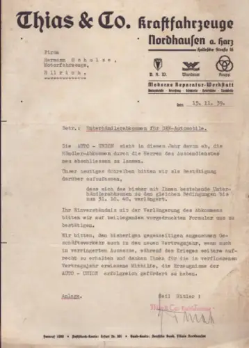 Thias & Co. Kraftfahrzeuge Nordhausen Schreiben 1939 / 40