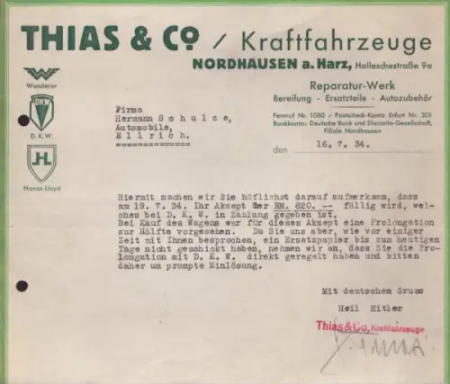 Thias & Co. Kraftfahrzeuge Nordhausen Schreiben 1934