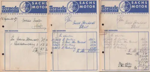 Torpedo / Sachs Motor 3 Rechnungen 1930er Jahre