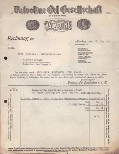 Valvoline Oel Gesellschaft Hamburg Rechnung 6.1929