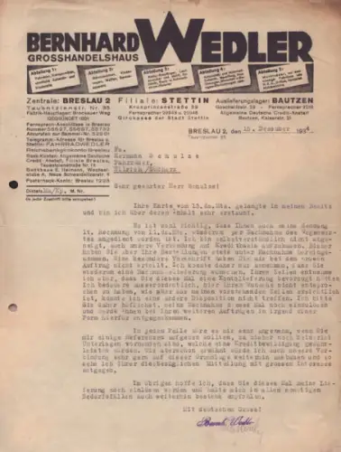 Bernhard Wendler Grosshandelshaus Breslau Schreiben 1934