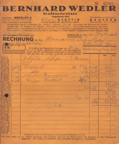 Bernhard Wendler Grosshandelshaus Breslau Rechnung 1934