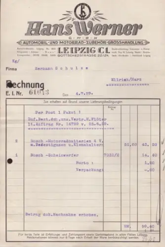 Hans Werner Leipzig Großhandlung Rechnung 1929 / 1930