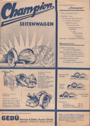 Champion Seitenwagen Prospekt 1936