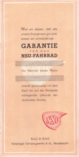 NSU Garantie Prospekt 1930er Jahre