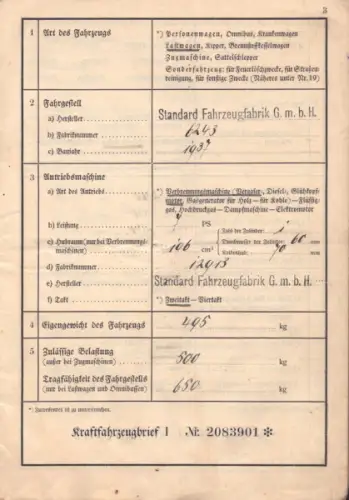 Standard 196 ccm Lastwagen Original Fahrzeugbrief 1937