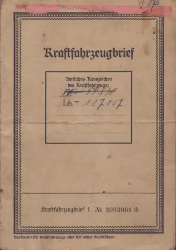 Standard 196 ccm Lastwagen Original Fahrzeugbrief 1937