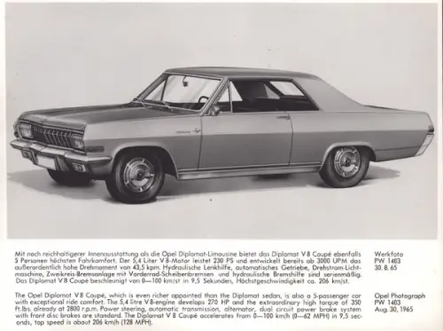 Opel Dipolmat V8 Coupé Werksfoto 8.1965