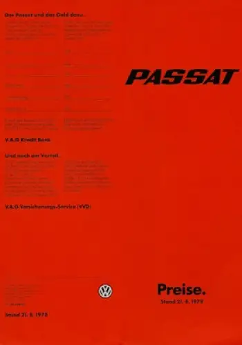 VW Passat Preisliste 8.1978