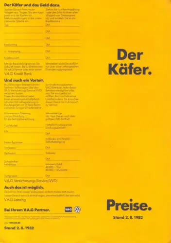 VW Käfer Preisliste 8.1982