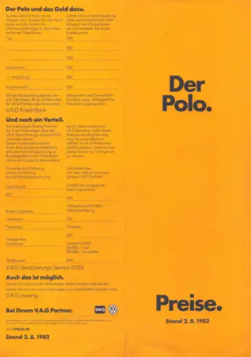 VW Polo 2 Preisliste 8.1982
