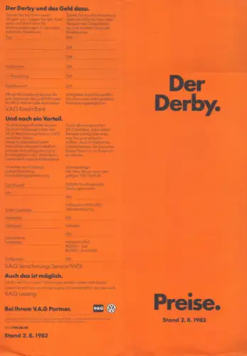 VW Derby 2 Preisliste 8.1982