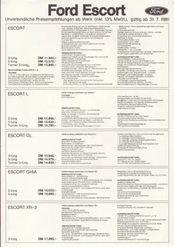 Ford Escort Preisliste 7.1981