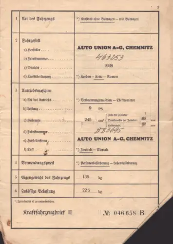 DKW NZ 250 Original Fahrzeugbrief 1938