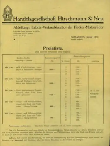 Hecker Preisliste 1.1930