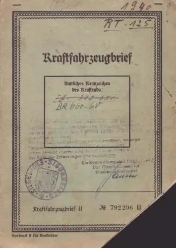DKW RT 125 Original Fahrzeugbrief 1940