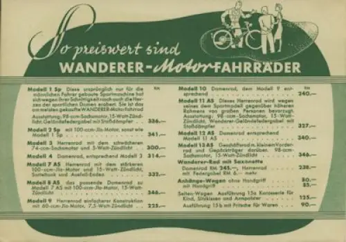 Wanderer Preisliste Motorfahrrad 7.1938