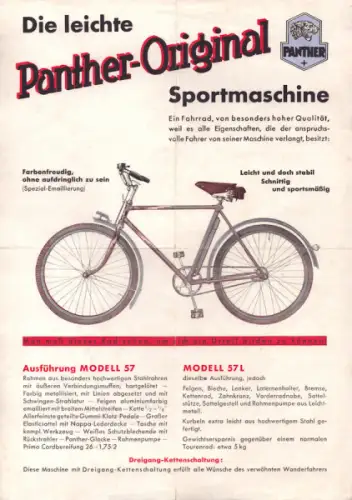 Panther Fahrrad Modell 57 / 57 L Prospekt 1930er Jahre