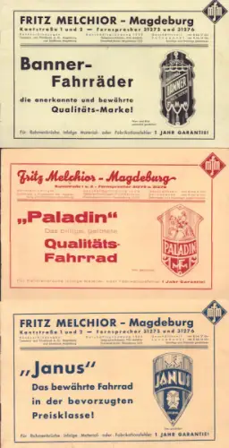 Fritz Melchior / Magdeburg 3 Fahrrad Prospekte 1930er Jahre