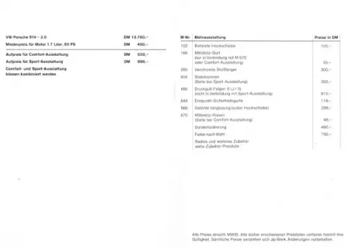 Porsche 914 Preisliste 8.1972