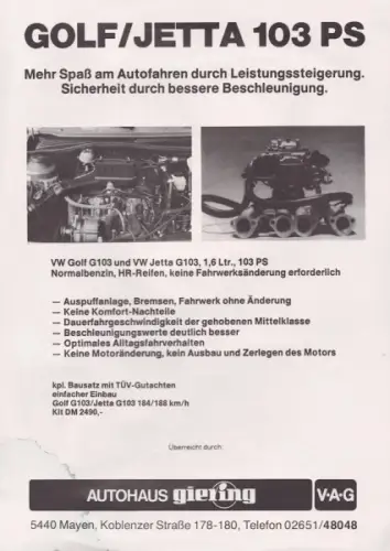 VW Golf / Jetta G 103 Motoren Prospekt 1980er Jahre