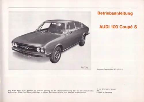 Audi 100 Coupé S Bedienungsanleitung 9.1971