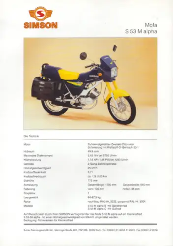 Simson Mofa S 53 M Alpha Prospekt 1990er Jahre