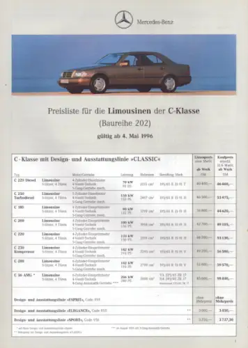 Mercedes-Benz C-Klasse Limousinen Preisliste 5.1996